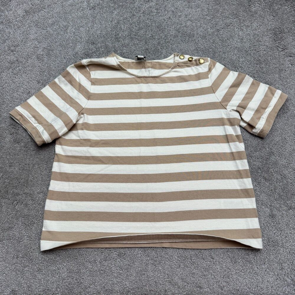 J.Crew Button Shoulder Boatneck Tee WomensSmall Beige White Stripe Nautical Fit